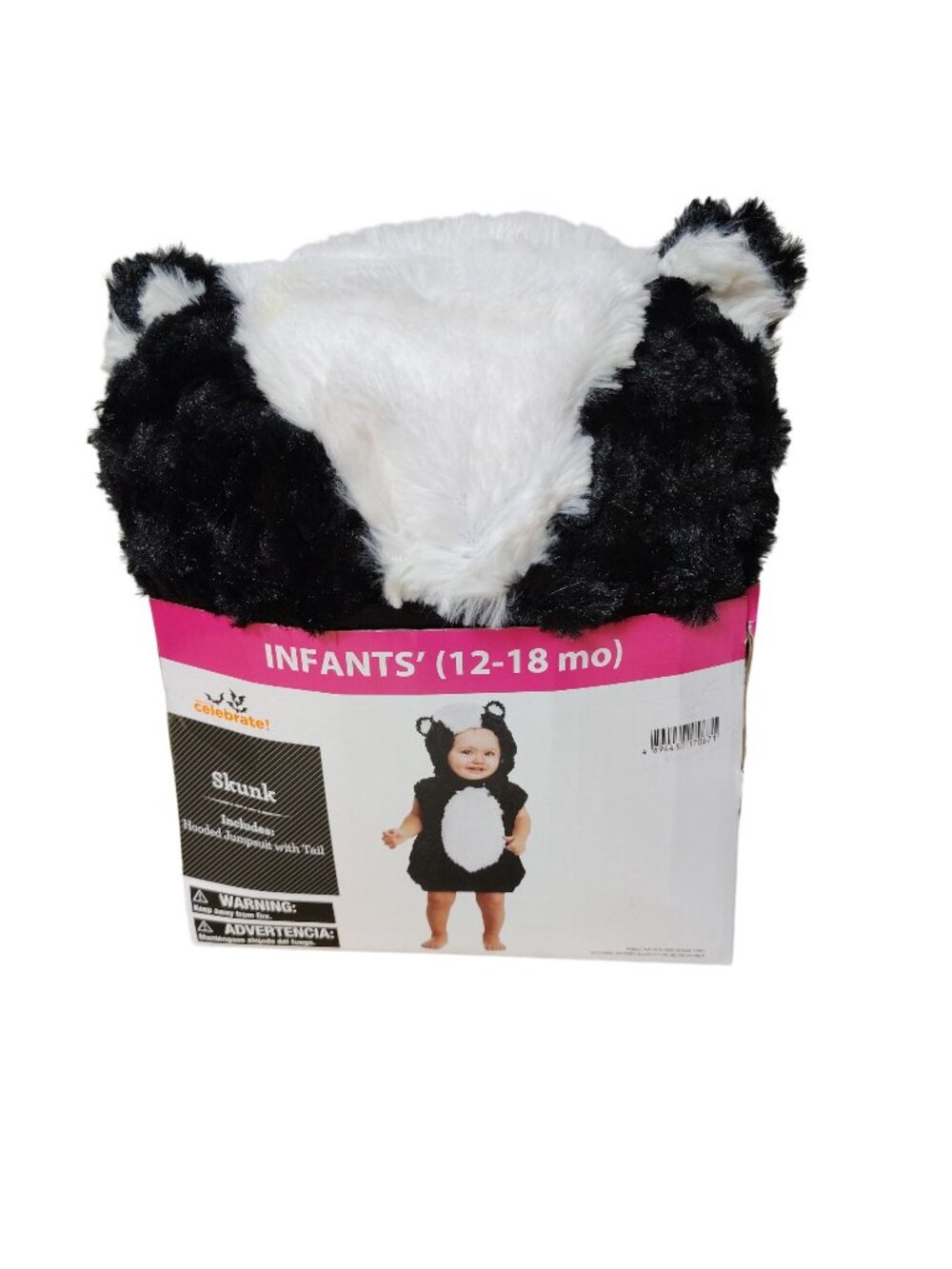Infant 12 to 18 Months Skunk Halloween Costume With Hooded Jumpsuit and Tail